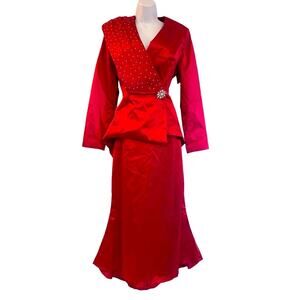 Vintage ASHRO Satin Red Skirt Set Rhinestone VERY Formal White Tie Peplum Suit